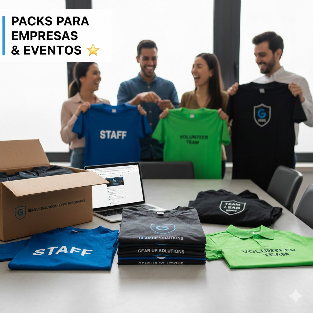 Packs de t-shirts personalizadas para empresas e eventos com impressão de logótipo e fardamento de staff